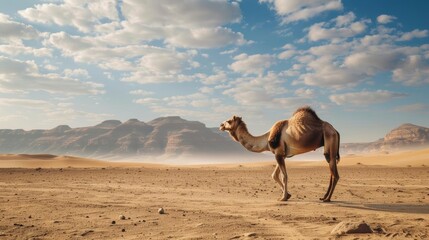 A lone camel walks across a vast desert landscape with mountains in the background under a bright, cloudy sky.