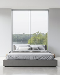 Luxurious master bedroom with a big window filling the room with natural light. Luxury residential real estate composition in neutral colors.