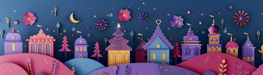 Paper art style of Diwali night scene