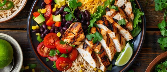 Proper nutrition banner of a healthy Mexican platter with grilled chicken, rice, black beans, and a fresh salad, highlighting balanced and nutritious meal options