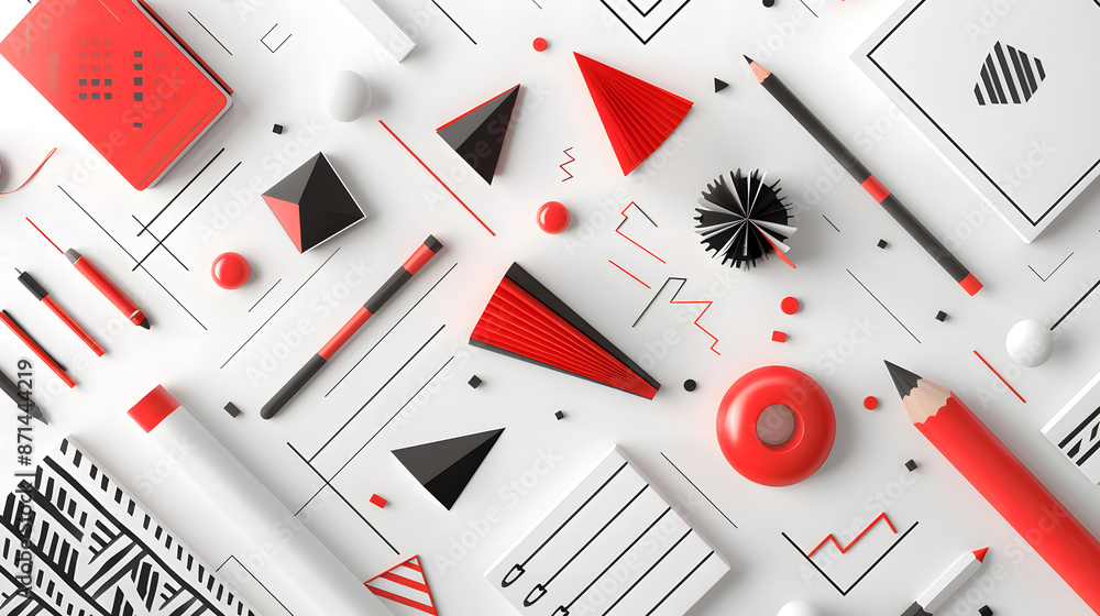 Poster abstract background with geometric shapes and red elements on a white paper, design concept for a bu