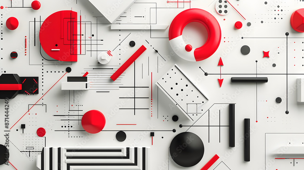 Poster abstract background with geometric shapes and red elements on a white paper, design concept for a bu