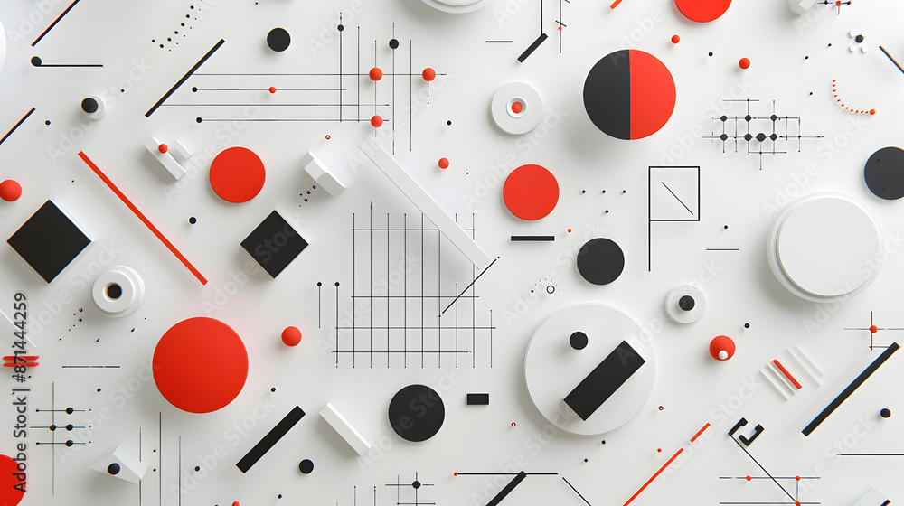 Poster abstract background with geometric shapes and red elements on a white paper, design concept for a bu