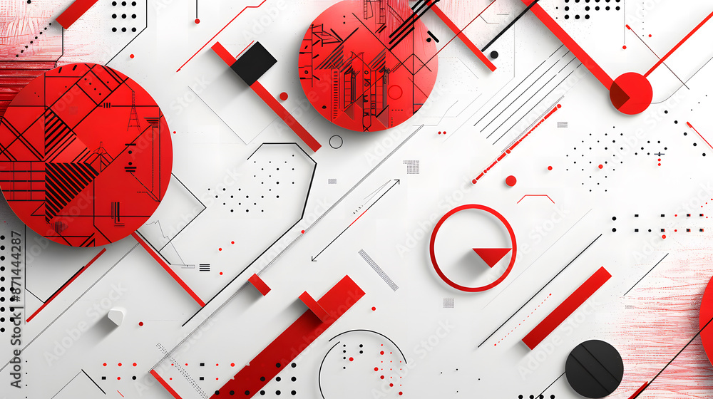 Poster abstract background with geometric shapes and red elements on a white paper, design concept for a bu