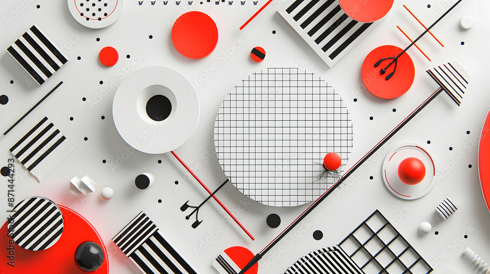 Poster abstract background with geometric shapes and red elements on a white paper, design concept for a bu