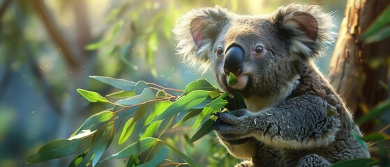 Realistic koala bear munching on eucalyptus leaves, cute animals, peaceful wildlife,