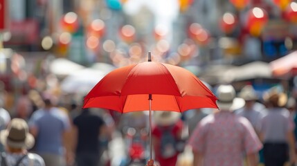 A vibrant red umbrella stands out in a bustling street market scene, surrounded by blurred crowds and colorful decorations.