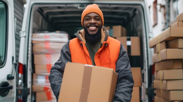 Happy manual worker unloading cardboard boxes from delivery van. 
