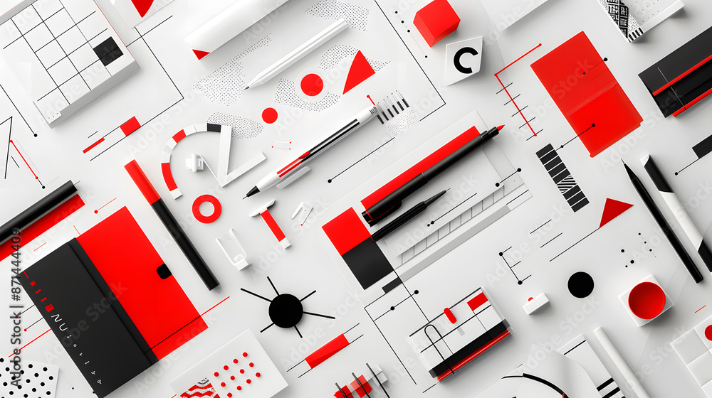 Poster abstract background with geometric shapes and red elements on a white paper, design concept for a bu