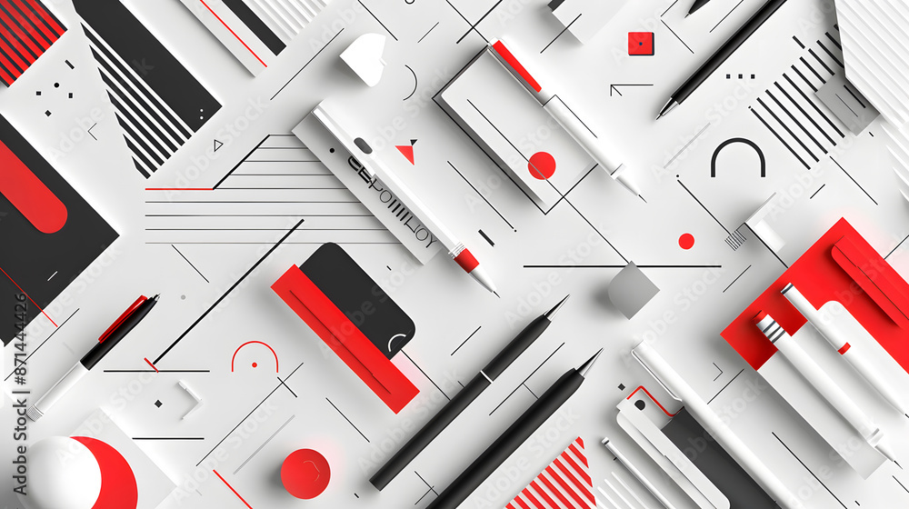 Poster abstract background with geometric shapes and red elements on a white paper, design concept for a bu