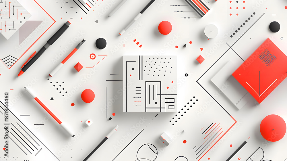 Poster abstract background with geometric shapes and red elements on a white paper, design concept for a bu