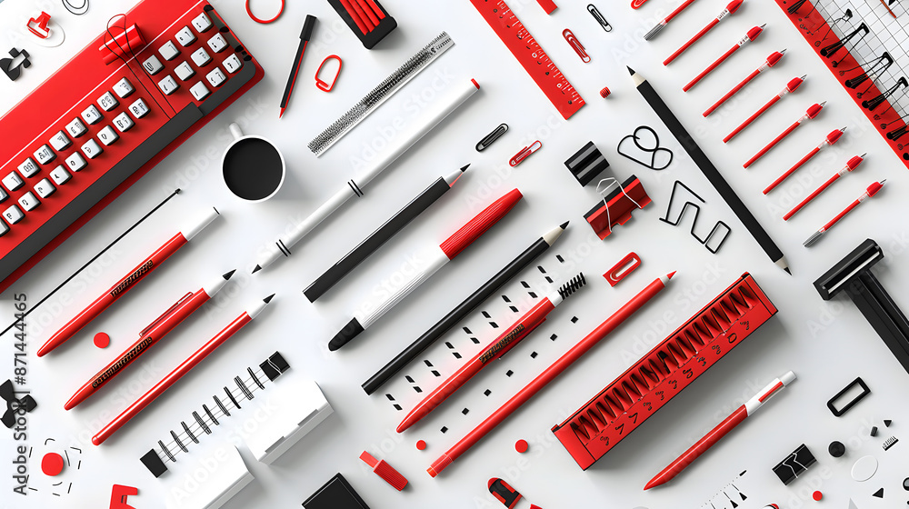 Poster abstract background with geometric shapes and red elements on a white paper, design concept for a bu