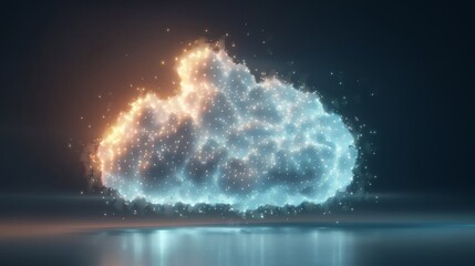 Abstract digital cloud made of light particles, glowing in blue and orange hues, representing futuristic technology and data storage concept.