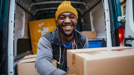 Happy manual worker unloading cardboard boxes from delivery van. 