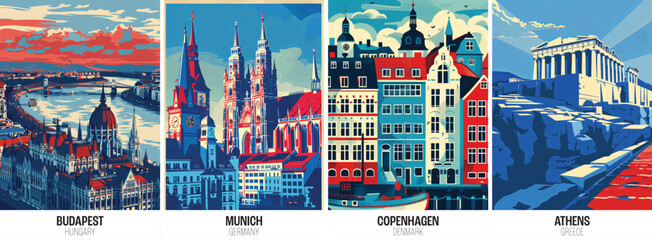 Fototapeta premium Set of european city posters including budapest munich copenhagen athens