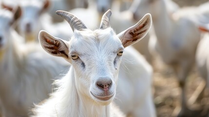 Obraz premium Macro photo goat farm. White animal goats on the farm.