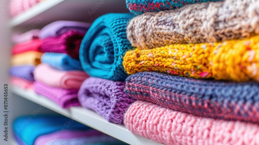 Poster a stack of colorful folded knitwear neatly arranged on a shelf, showcasing various textures and vibr
