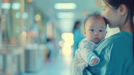 Obraz premium A mother tenderly holding her baby in a brightly lit hospital corridor, capturing a moment of care and love.