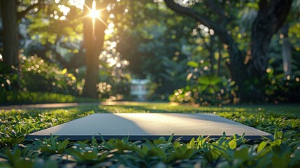 An empty yoga mat placed in a tranquil garden setting at sunrise, perfect for a peaceful morning practice in nature.