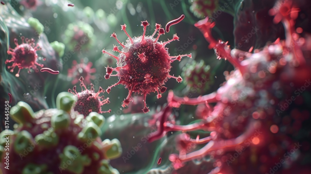 Poster a detailed microscopic view of virus particles, highlighting their intricate structures and vibrant 