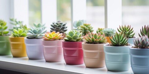 A row of vibrant succulents in colorful ceramic pots placed on a windowsill, adding a touch of greenery to indoor decor.