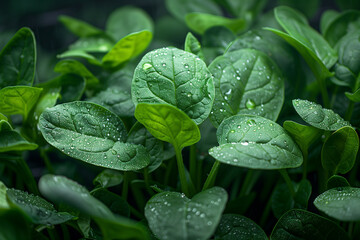 Fresh spinach plants on farm. Generative AI