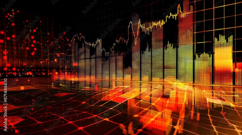 Poster An abstract visual representation of the stock market, showcasing data-driven charts and graphs as a dynamic cityscape