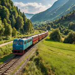 Obraz premium Scenic Countryside Train Ride Through Rural Landscape in 2024 - Idyllic Pastoral Journey.