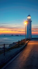 In the evening, the lighthouse by the seaside
