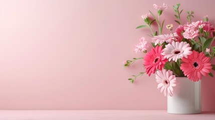 Fototapeta premium Beautiful bouquet of pink and white flowers in a white vase against a soft pink background, perfect for spring and romantic themes.