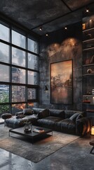 Dark toned living rooms and urban architecture outside windows