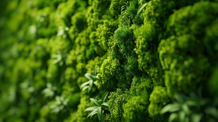 Fototapeta premium Close-up surface of the wall covered with green moss. Modern eco friendly decor made of colored stabilized moss. Natural background for design and text.
