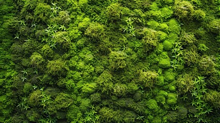 Close-up surface of the wall covered with green moss. Modern eco friendly decor made of colored stabilized moss. Natural background for design and text.