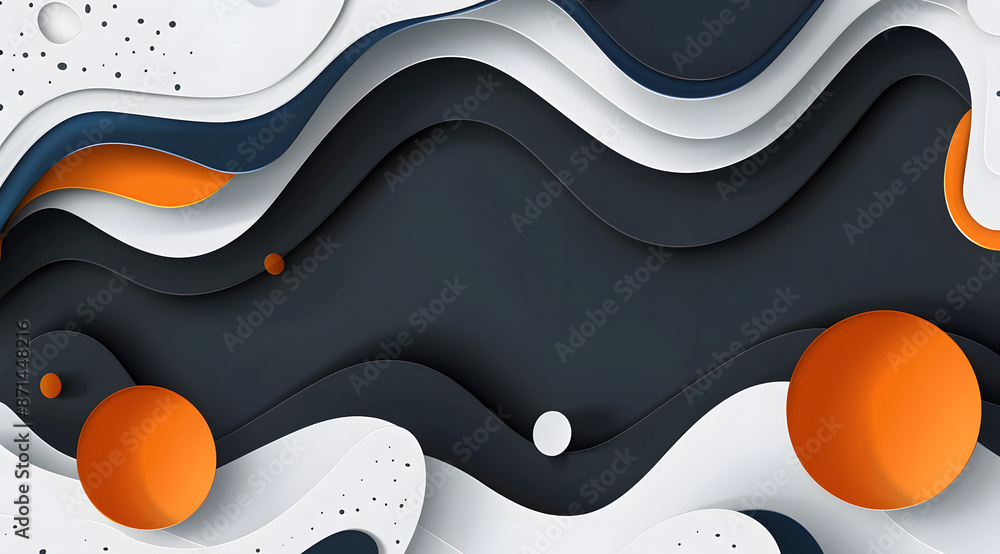 Poster abstract background with orange and navy blue shapes on white, white space in the center for text, v