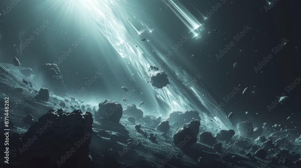 Poster a cluster of asteroids drifting through space, illuminated by the light of a nearby star generative 