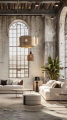 Spacious Modern Interior Design Room with Stylish Furniture, Large Windows, and Decorative Lighting. Industrial Background, Contemporary Living Space Concept. 3D Rendered, High-End Furniture Design, L