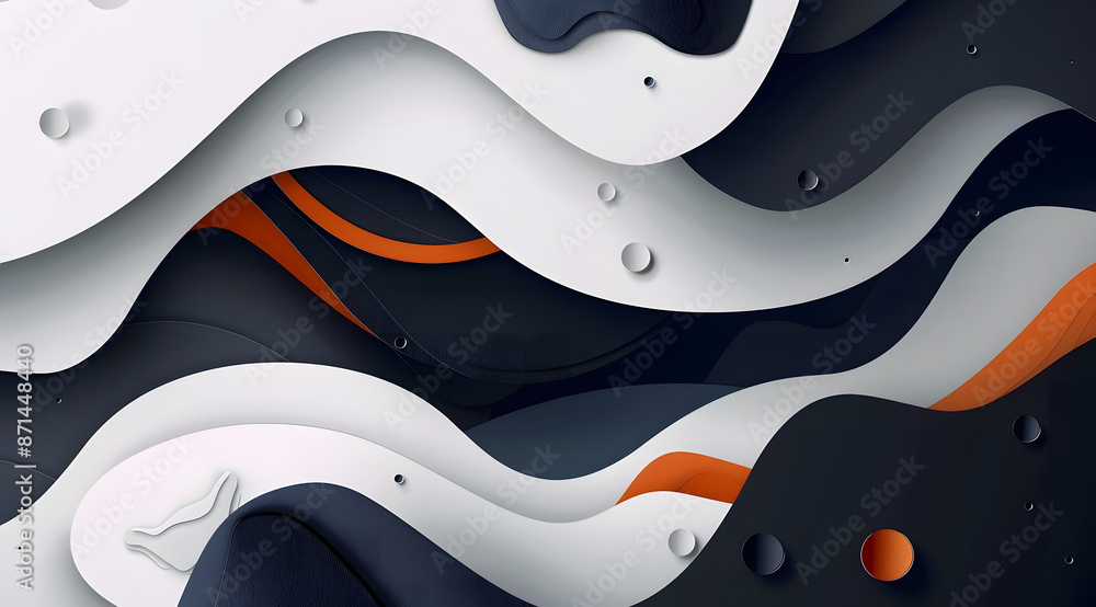 Poster abstract background with orange and navy blue shapes on white, white space in the center for text, v