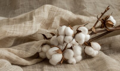 A close-up of cotton balls clinging to a branch against a soft fabric backdrop. This image focuses on natural organic cotton, demonstrating cotton's role in sustainable textile production.