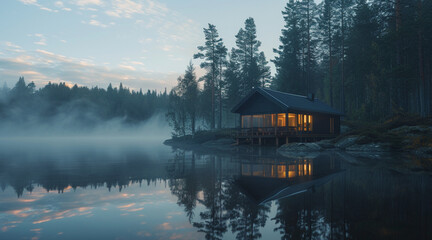 A cinematic, emotional scene of a Nordic forest at dawn, highlighting a peaceful lake reflecting the soft morning light. A minimalist cabin ,large glass windows sits near the water, mist rolling tree