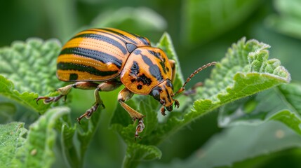 Fototapeta premium Colorado potato beetle eats green potato leaves closeup. Leptinotarsa decemlineata. Adult colorado beetle. pest invasion. parasite destroy potato plants. farm damage. Protecting plants concept
