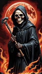 Grim Reaper with a scythe standing in front of a fiery inferno and a blood red moon.