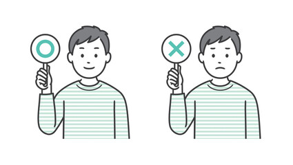 まるばつの札を持つ男性の上半身イラスト素材