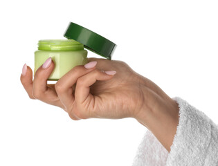 Female hand with jar of cream isolated on white background, closeup