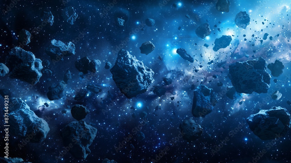 Poster an illustration of a vast cosmic field, with numerous asteroids floating amidst a backdrop of twinkl