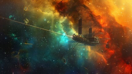 Fototapeta premium A spacecraft traveling through a colorful cosmic dust cloud, with stars scattered across the scene Generative AI