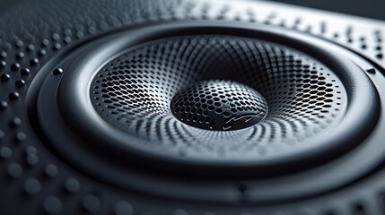 The central fragment of a modern audio speaker with a protective black metal grille. Macro. Close-up
