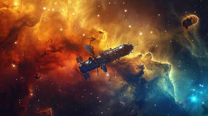 Naklejka premium A spacecraft traveling through a colorful cosmic dust cloud, with stars scattered across the scene Generative AI