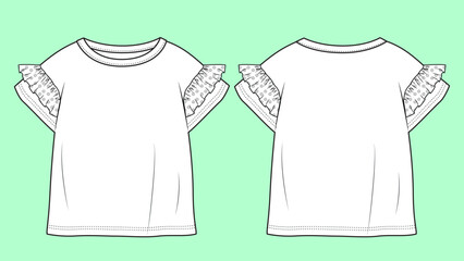  Girls short sleeve with frill tee fashion flat sketch vector.  