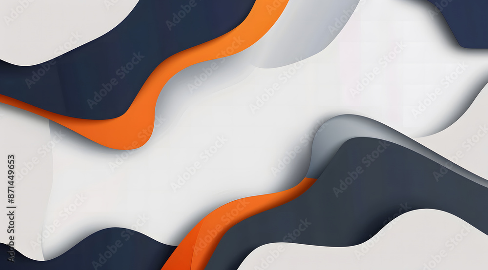 Poster abstract background with orange and navy blue shapes on white, white space in the center for text, v