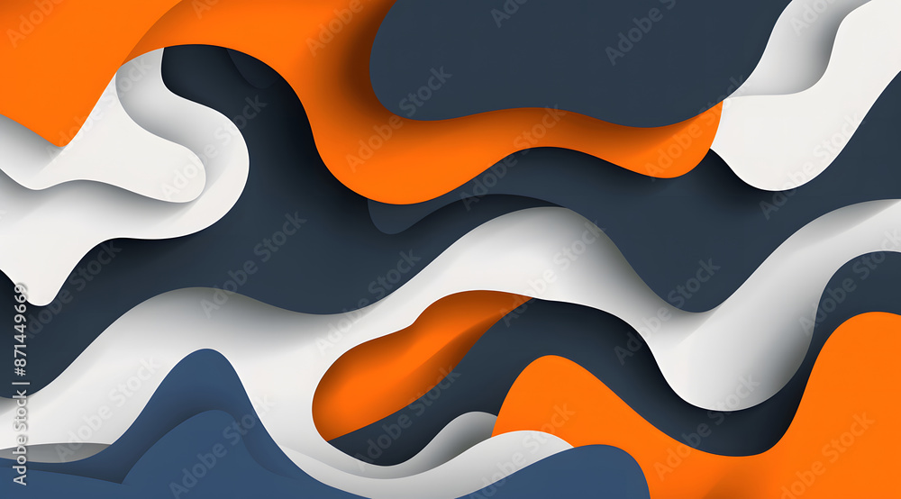 Poster abstract background with orange and navy blue shapes on white, white space in the center for text, v